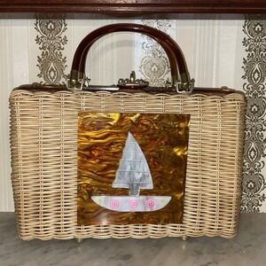 Vintage Lucite Handle Purse 50s-60s Wicker Sailboat Classic Seaside Princess